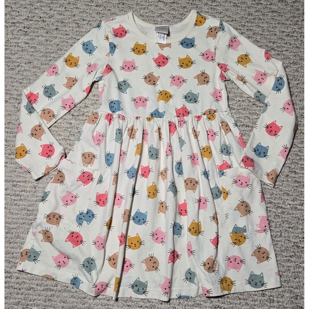 Hanna Andersson Playground Long Sleeve Dress Colorful Cats Cream Pink Youth 6-7